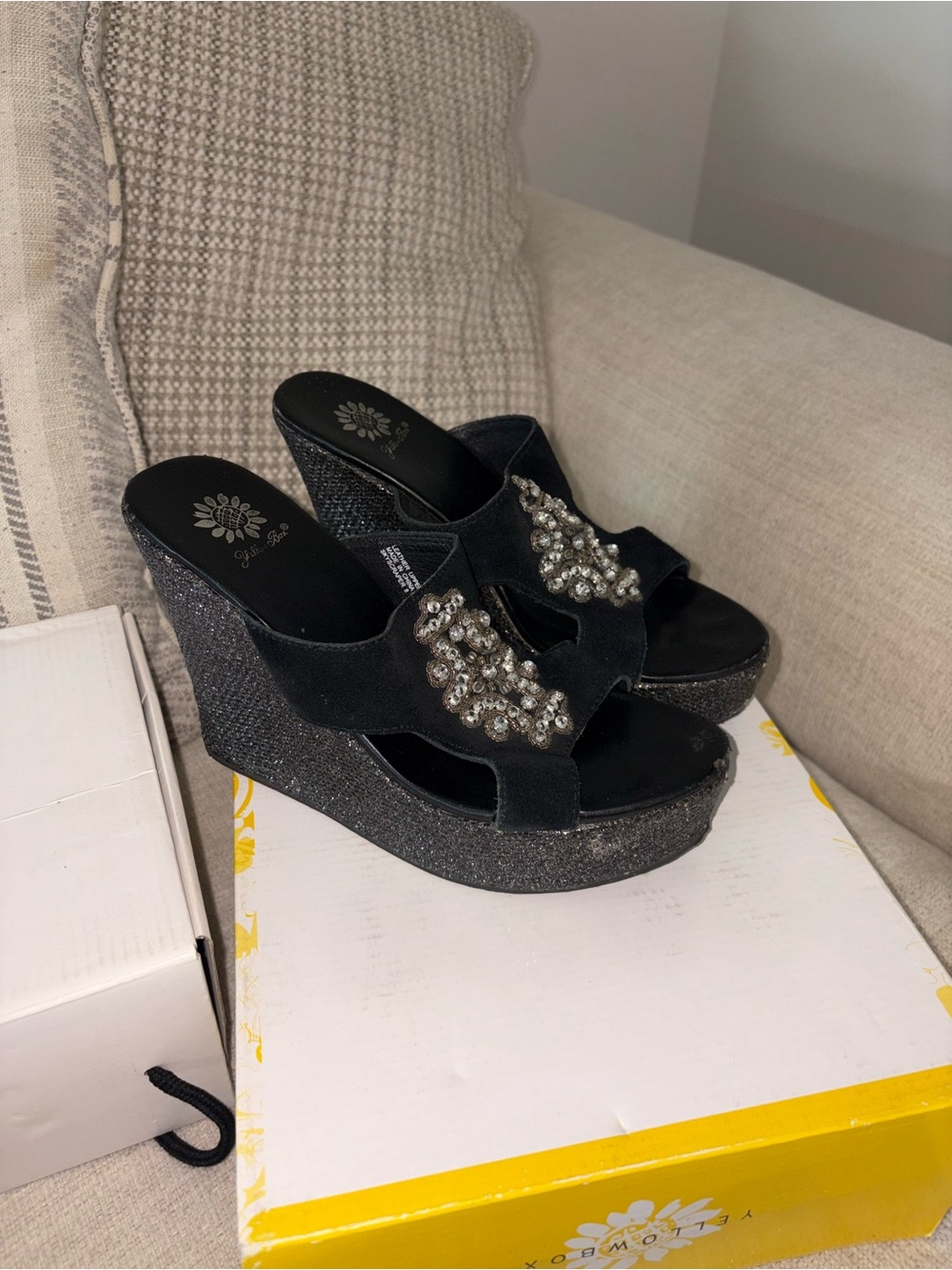 Yellow Box Black Jeweled Glitter Wedge Mules